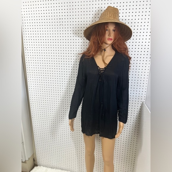 Billabong Women's Boho Black Lace-Up Tassel Front Beach Cover Up Tunic Dress M - Picture 3 of 11